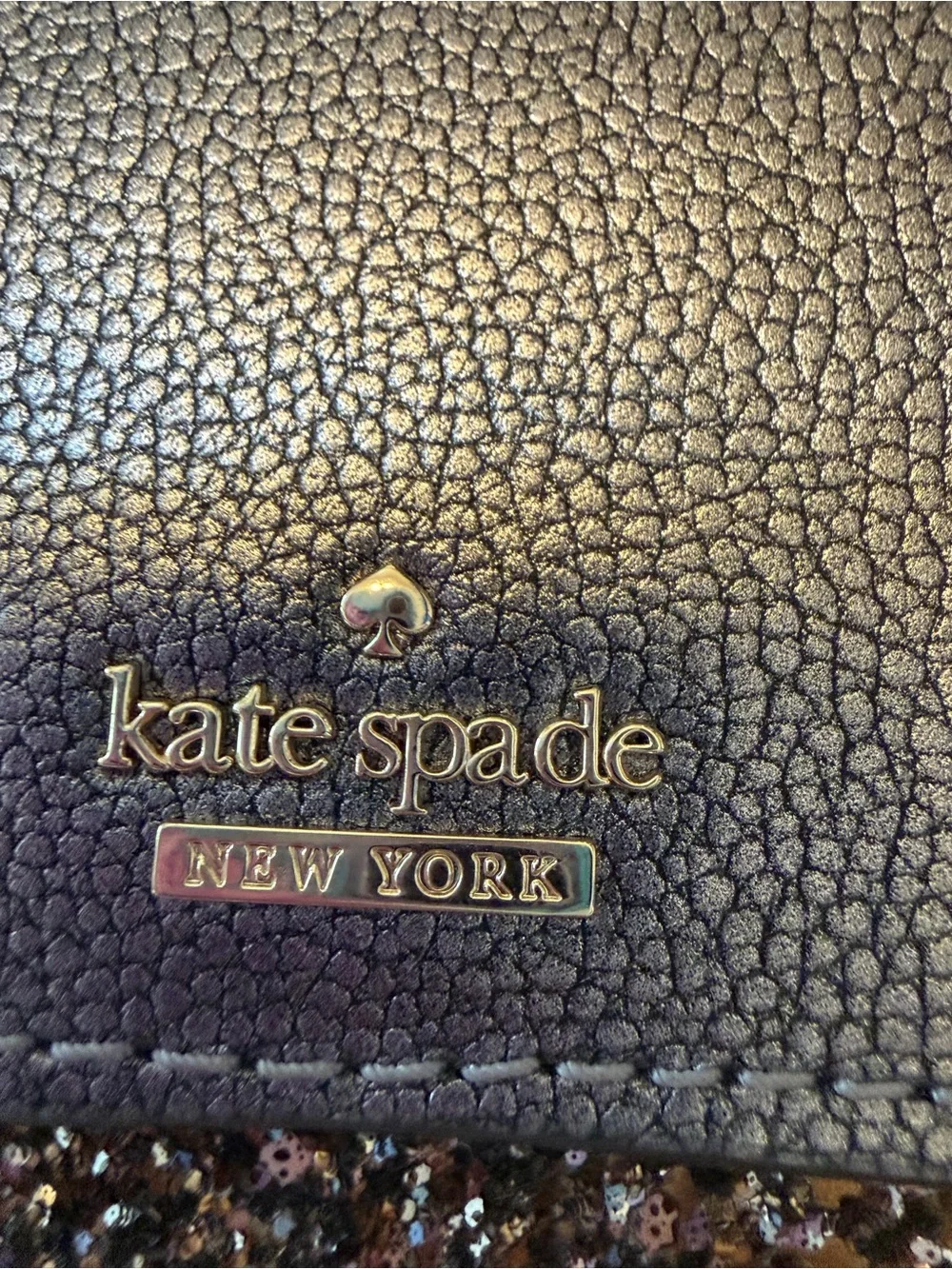 #792 kate spade Metallic Charcoal Pebbled Leather Phone Pouch with Glitter Trim